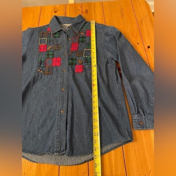 SUSAN BRISTOL Fall Denim Shirt Women Long Sleeve Tartan Patched Chambray Medium - Picture 13 of 14